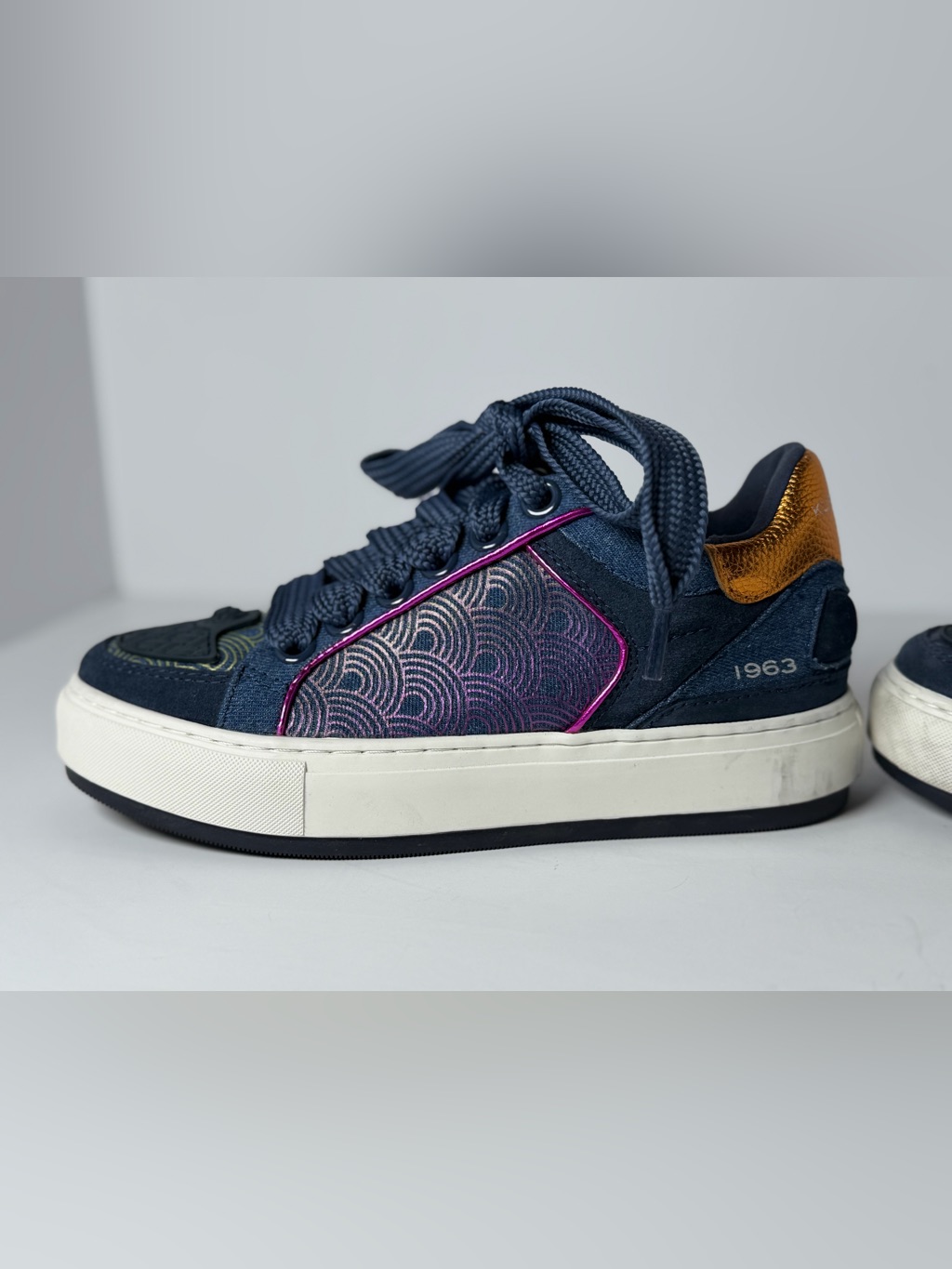 Kurt Geiger London Southbank Tag Blue Panelled Platform Sneakers Size 37 Us 6.5